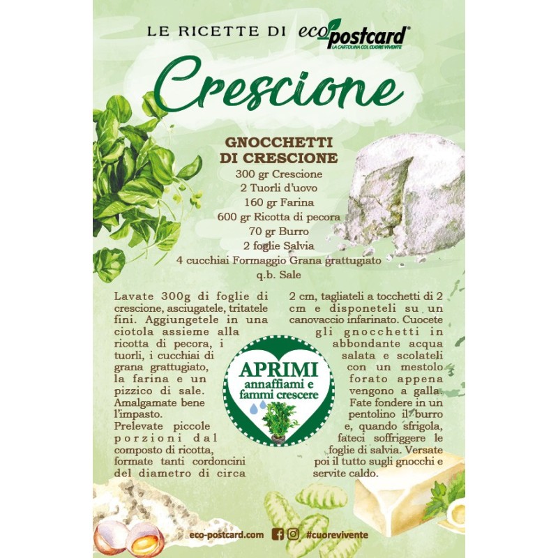 Eco-Postcard con ricetta gnocchetti di crescione
