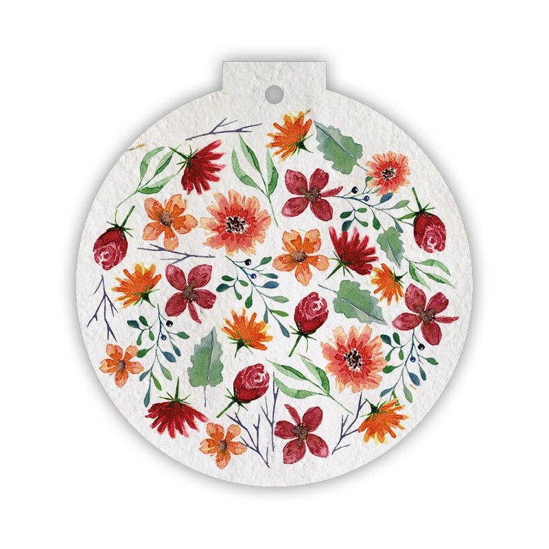 Eco-Card pallina natalizia in carta piantabile con fiori e foglie invernali - tagete
